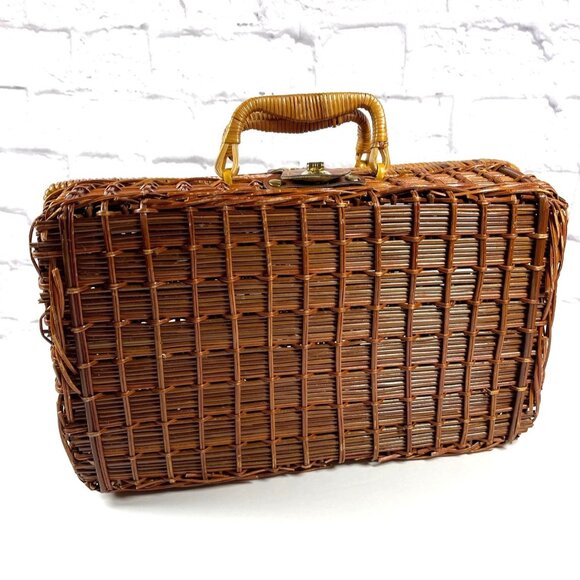 Woven Wicker Rattan Square Suitcase Handbag Picnic Basket Storage Leather VTG - Picture 2 of 16